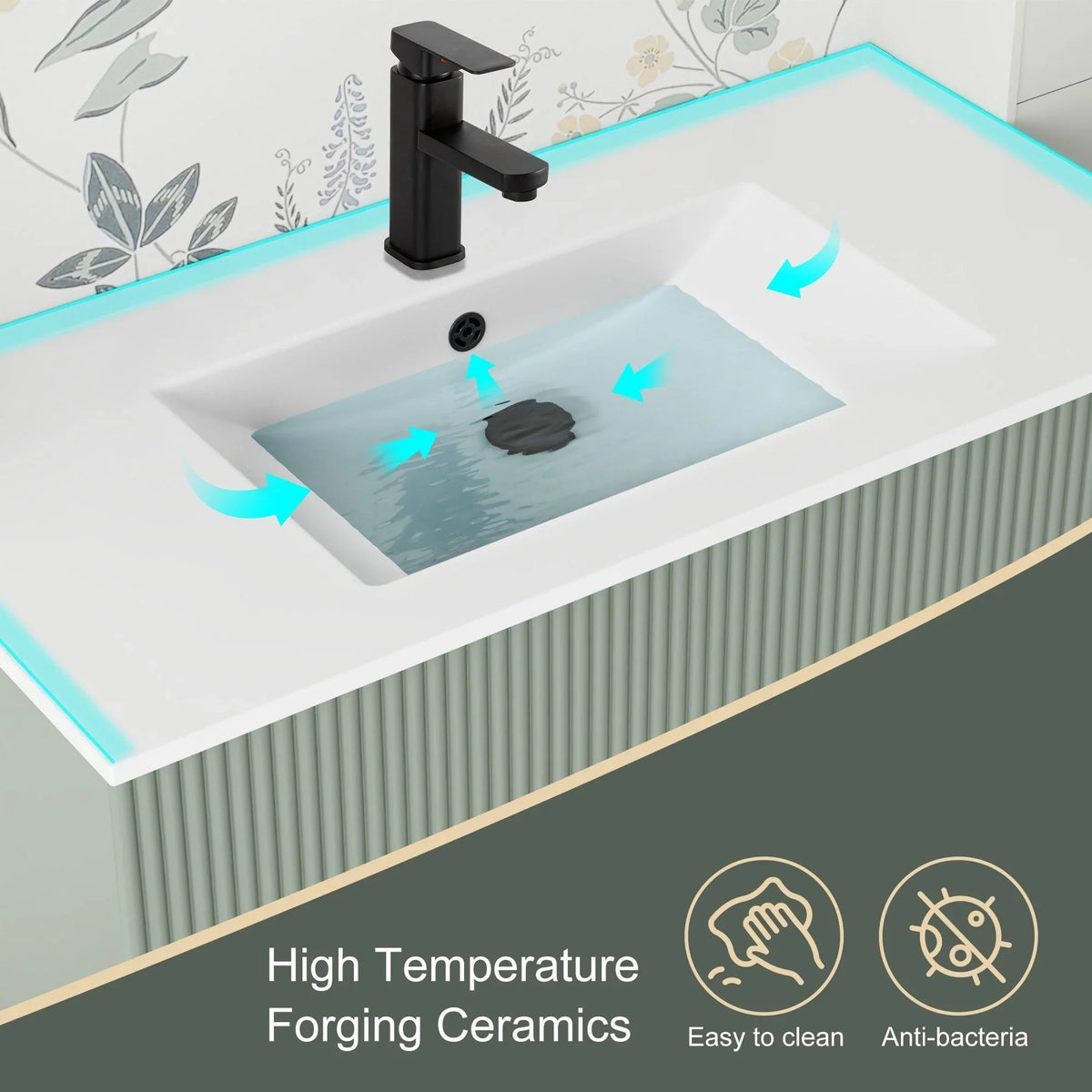 Wavy Line Badezimmermöbel-Set mit Waschbecken und Wasserhahn, 30/36/48 Zoll