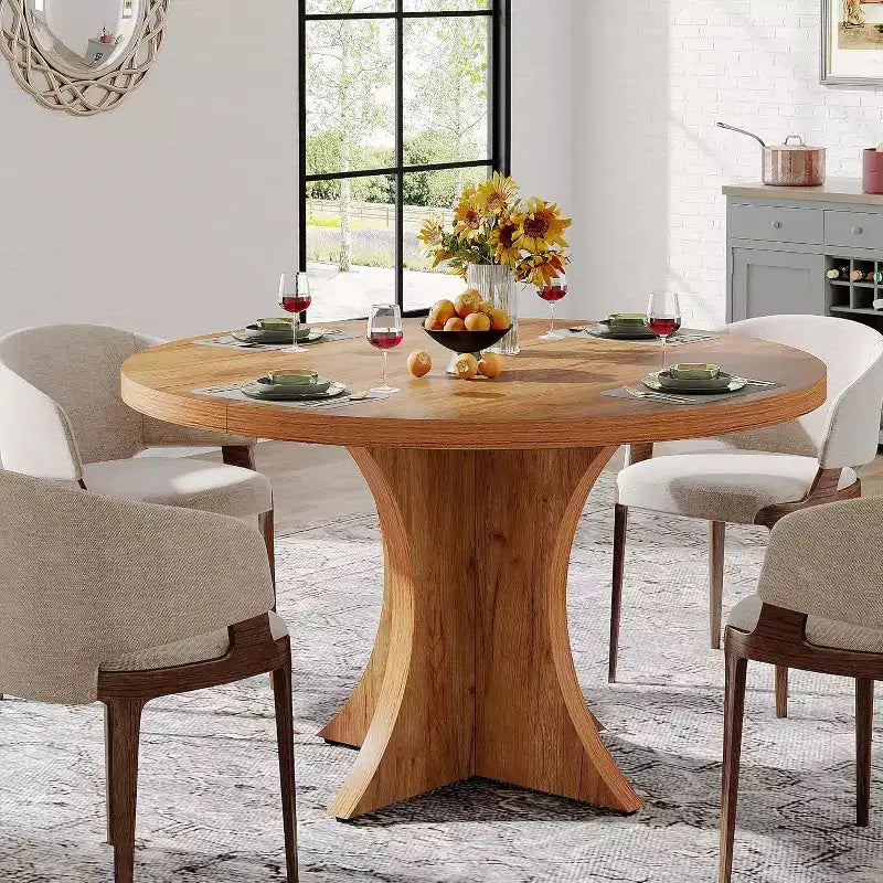 Mesa de jantar redonda Lantine de 47.24 polegadas para 4-6 pessoas, mesa de cozinha estilo quinta com base de pedestal, mesa de jantar pequena para sala de jantar ou sala de estar, castanha
