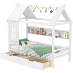 Huisbed met opbergladen en raam, frame van massief hout met planken, speels kinderdesign, lichtwit