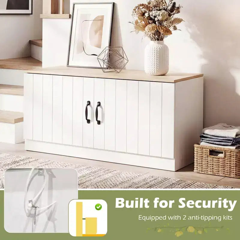 Banc à chaussures à 2 portes avec étagères réglables et espace de rangement dissimulé, naturel + blanc/Whi5te