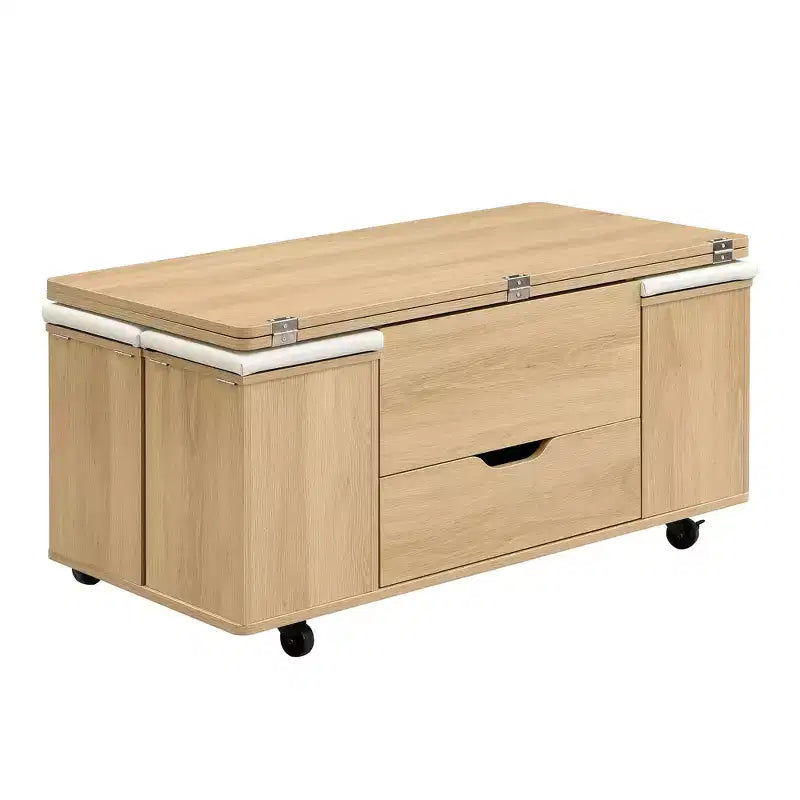 Mesa de centro moderna multifunções com tampo elevável, arrumação oculta, 4 bancos e rodízios, perfeita para espaços de estar modernos