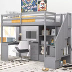 Hochbett in Twin-Größe mit L-förmigem Schreibtisch, 3 Schubladen, Schrank und Stauraum in der Treppe, Konstruktion aus massivem Kiefernholz/MDF