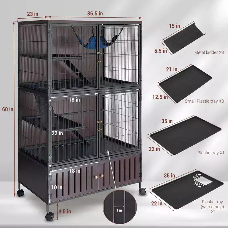Cage pour petits animaux, cage pour furet : habitat à 5 niveaux de 59 po avec meuble de rangement, comprend un hamac, des roulettes, des rampes amovibles et des bacs faciles à nettoyer