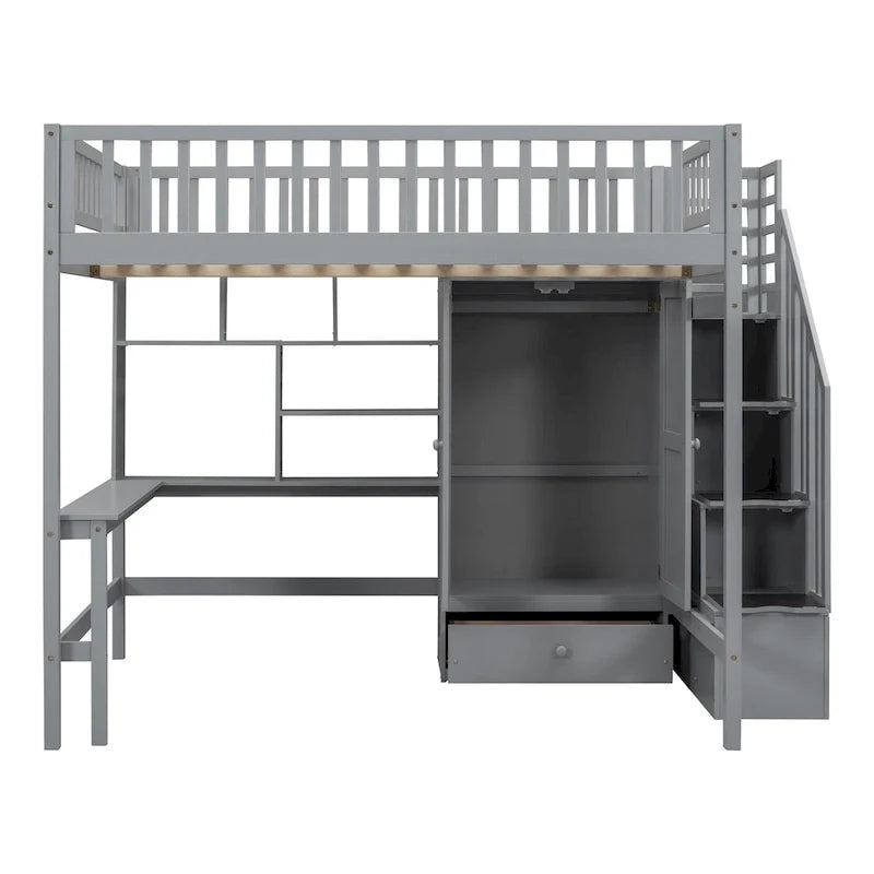 Lit mezzanine double en pin avec bureau et rangement