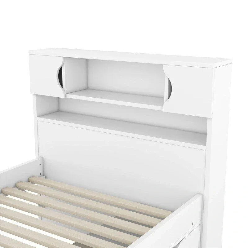 Letto a piattaforma Captain matrimoniale o singolo con 4 cassetti e ripiani contenitori, struttura in legno massello con testiera libreria contenitore