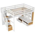 Lit mezzanine double en bois massif naturel et blanc avec bureau et tiroirs