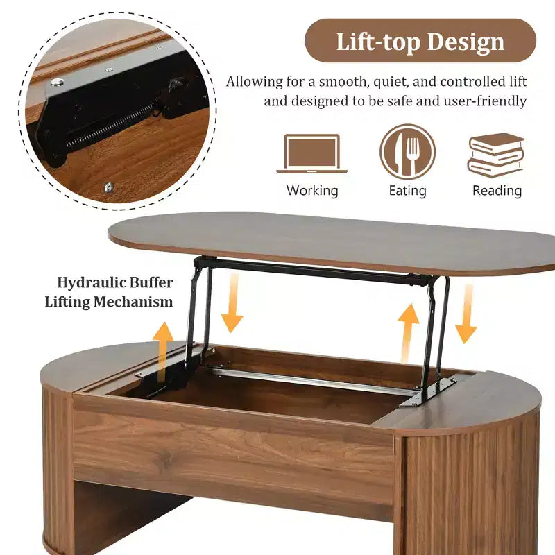 47,2-Zoll-Couchtisch mit Liftfunktion und verborgenem Fach, oval, braun
