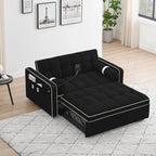 Sofá-Cama Convertível de Veludo para 2 Pessoas, com 55', Cama Extensível, Encosto Reclinável Ajustável, Bolsos Laterais e Suporte para Telemóvel