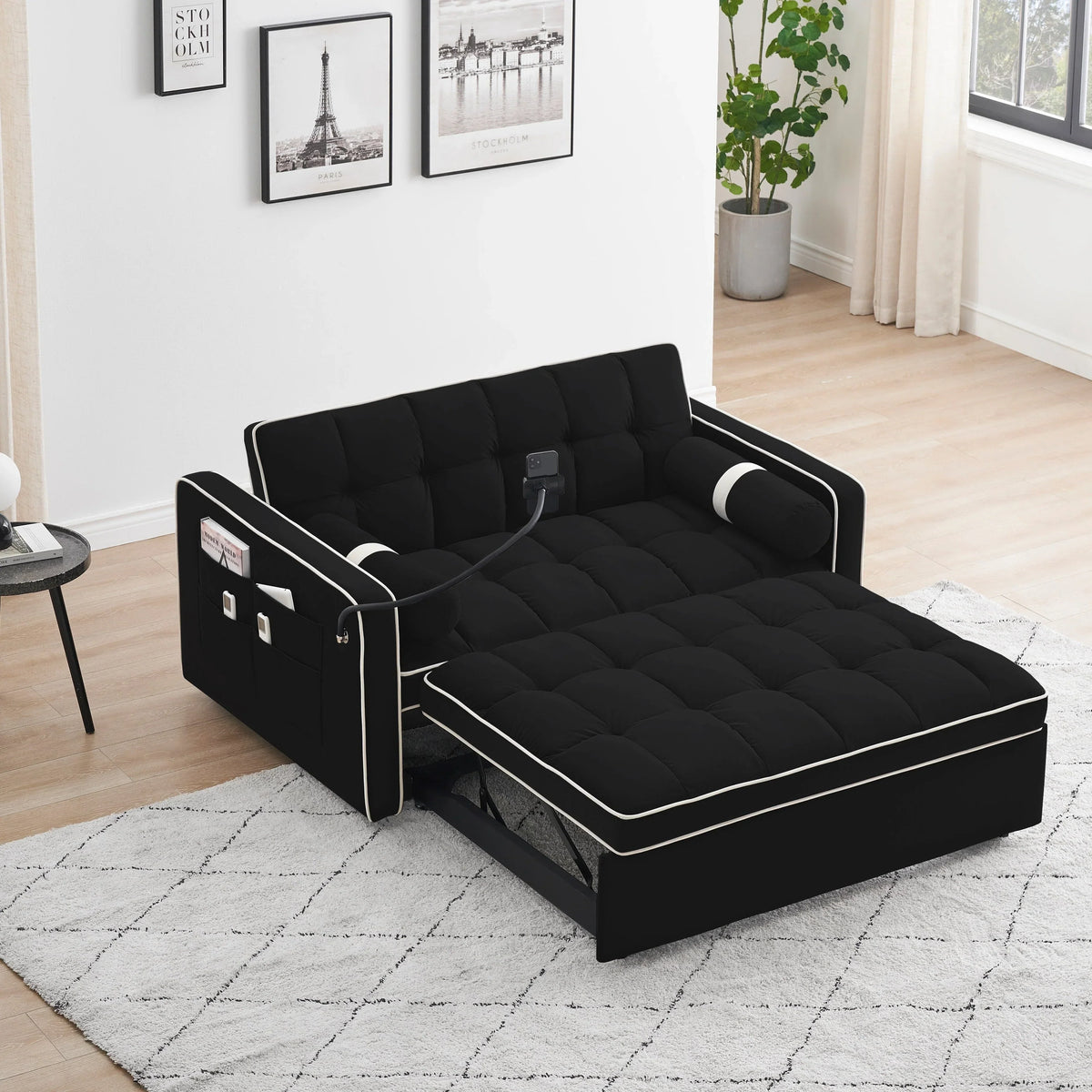 Sofá-Cama Convertível de Veludo para 2 Pessoas, com 55', Cama Extensível, Encosto Reclinável Ajustável, Bolsos Laterais e Suporte para Telemóvel