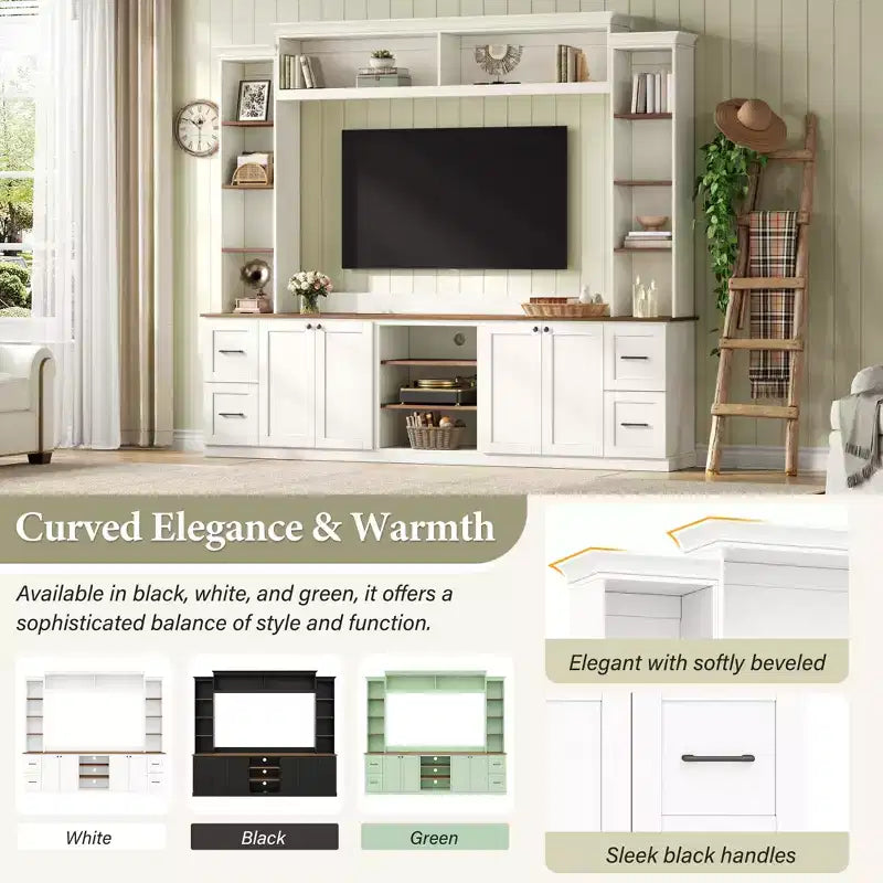 Ensemble mural de centre multimédia de style ferme 4-en-1 ModernLuxe, compatible avec les téléviseurs jusqu'à 70 pouces, meuble TV avec étagères réglables et tiroirs