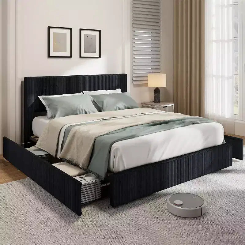 Cadre de lit en velours côtelé CuisinSmart avec tête de lit, cadre de lit plateforme rembourré avec 4 tiroirs de rangement et sommier à lattes en bois