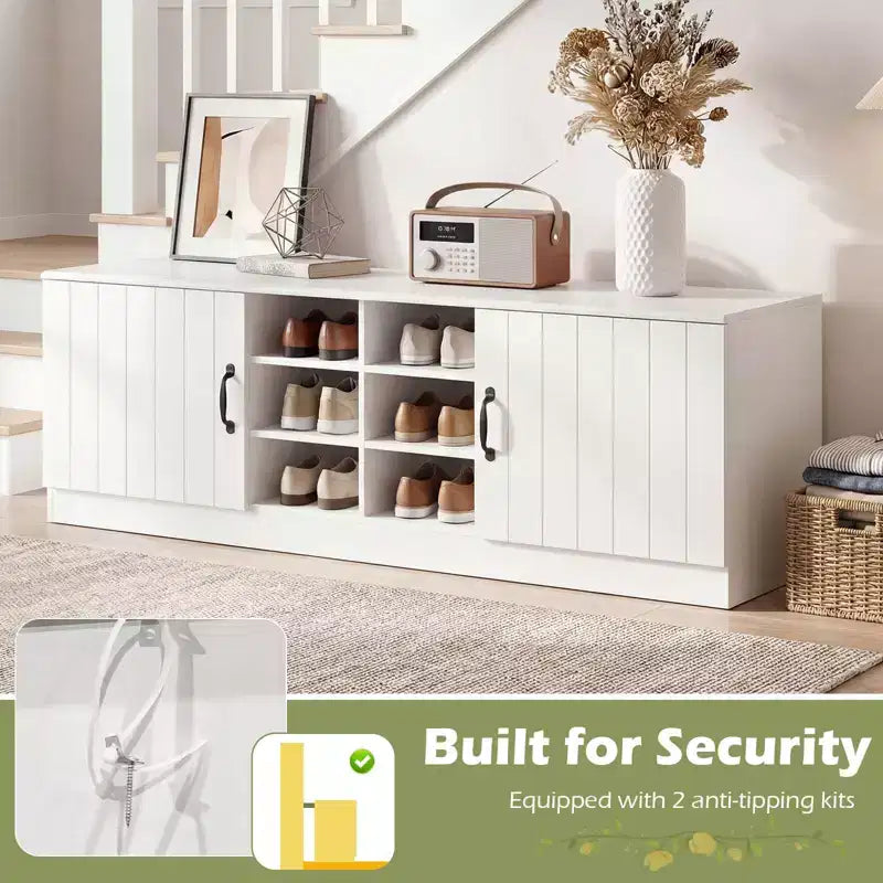 Banc à chaussures à 2 portes avec étagères réglables et espace de rangement dissimulé, naturel + blanc/Whi5te