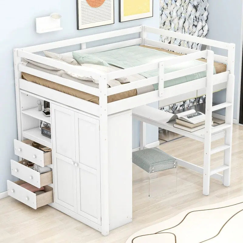 Hochbett aus Holz in voller Größe mit integriertem Kleiderschrank, Schreibtisch, Ablagefächern und Schubladen