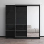 Roupeiro de 2 portas com espelho, frente de vidro, para 2 pessoas (cinzento / preto / branco)