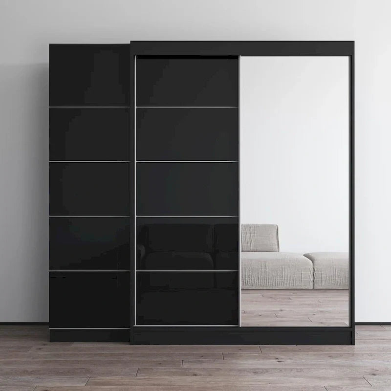 Roupeiro de 2 portas com espelho, frente de vidro, para 2 pessoas (cinzento / preto / branco)