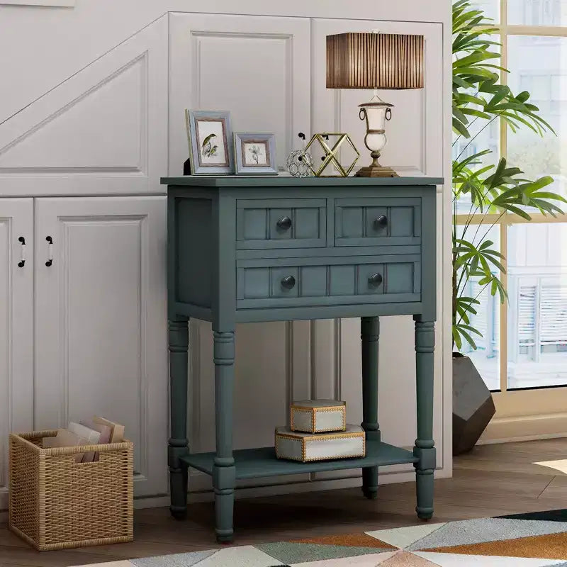 Console étroite de 60,2 cm avec 3 tiroirs et étagère, table de canapé pour petit espace, entrée ou salon