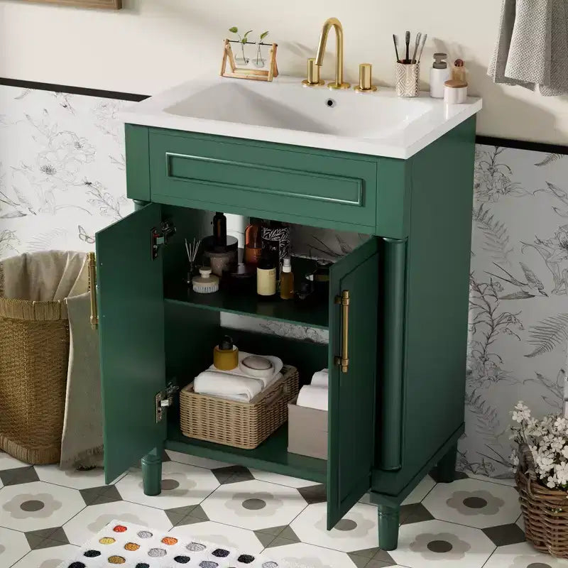 Meuble-lavabo de salle de bains de 24 pouces avec lavabo en céramique, meuble de style Shaker, 2 portes à fermeture amortie et structure en bois massif pour petite salle de bains ou cabinet de toilette