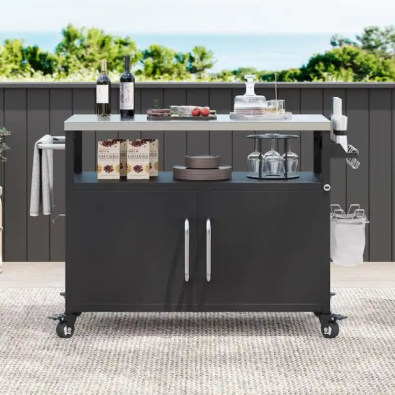 Isola da cucina per esterni con piano in acciaio inox, tavolo carrello per barbecue in metallo con mobiletto contenitore - N/A