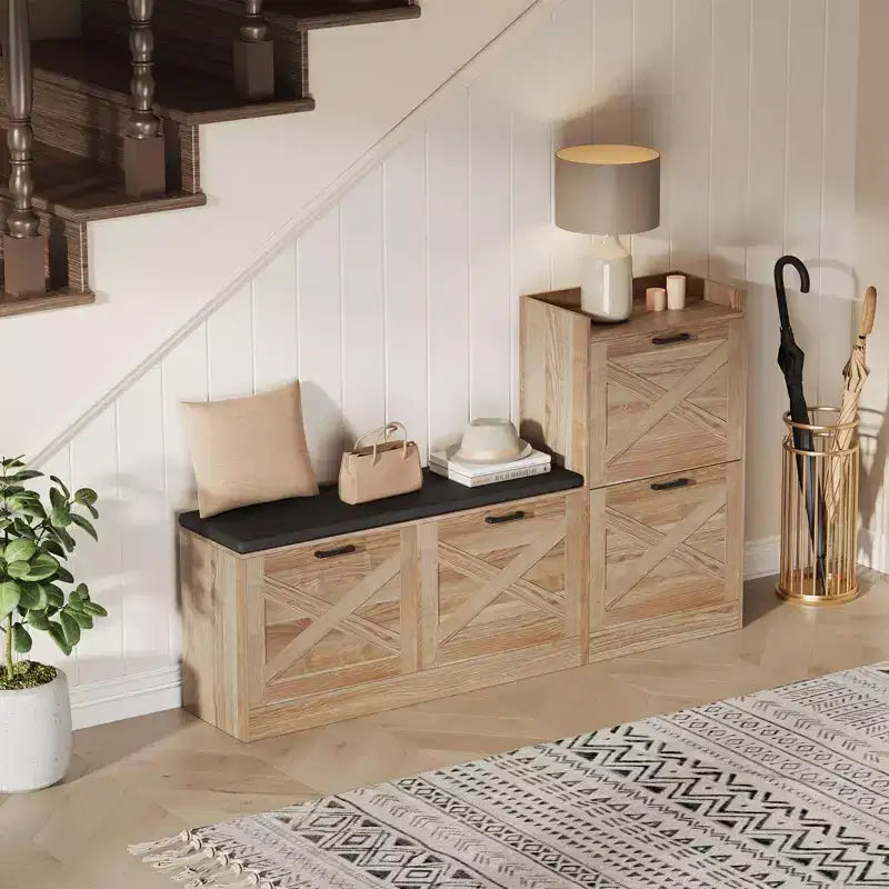 Schuhschrank im Landhausstil, hölzerne Sitzbank für den Eingangsbereich mit 4 Klappschubladen, schmaler versteckter Schuhorganizer, freistehendes Schuhregal für Flur und Eingangsbereich