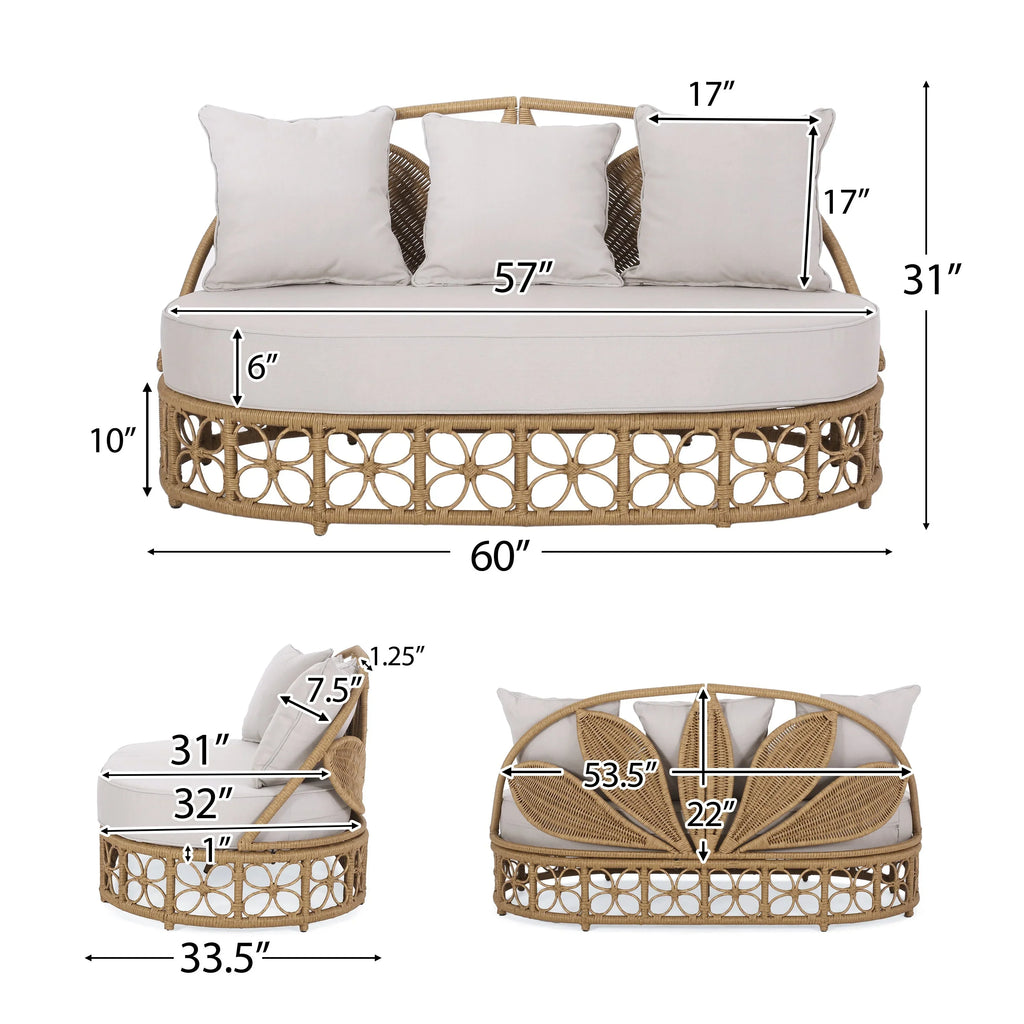 Homan Outdoor-Tagesbett aus Polyrattan mit Kissen, Hellbraun und Beige