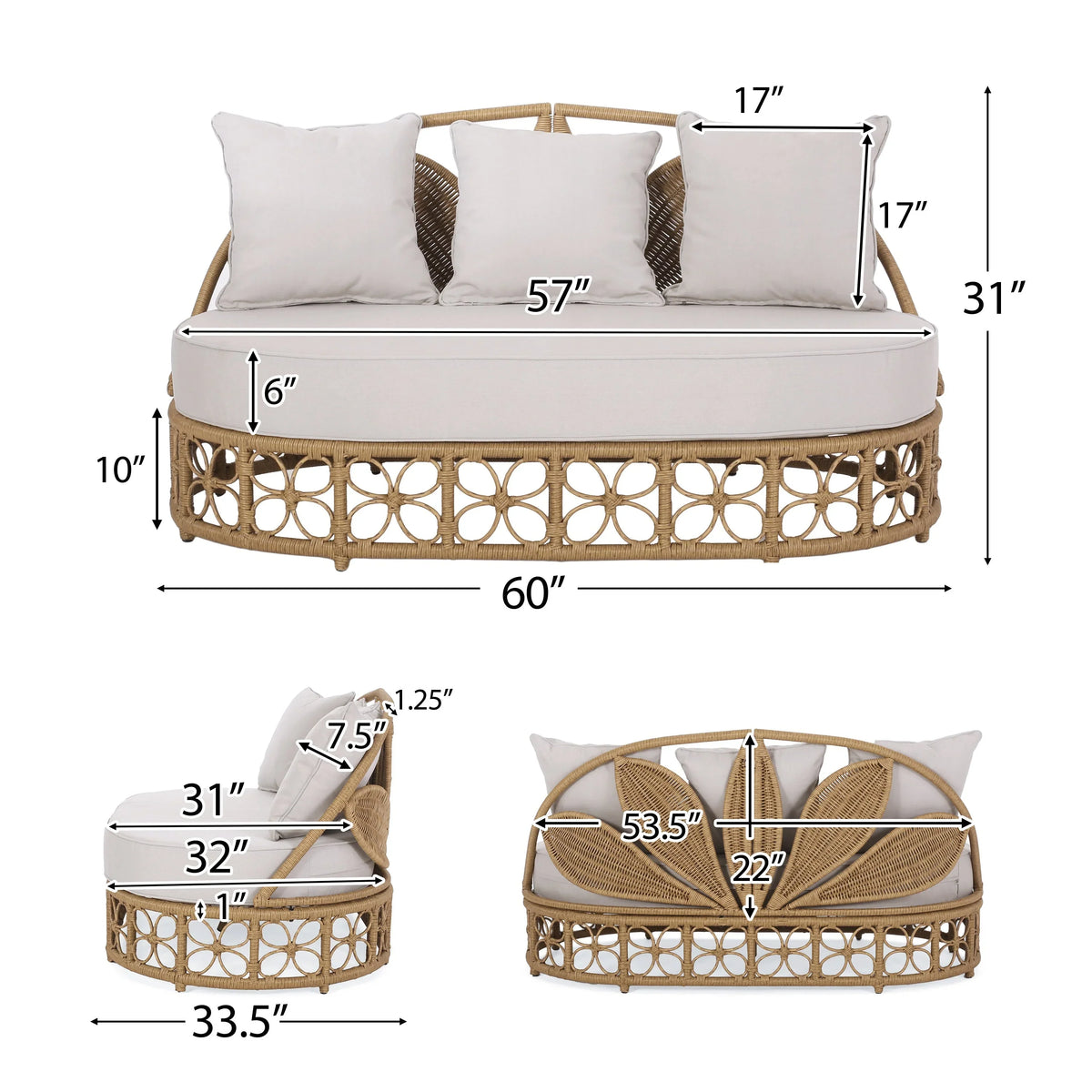 Homan Outdoor-Tagesbett aus Polyrattan mit Kissen, Hellbraun und Beige