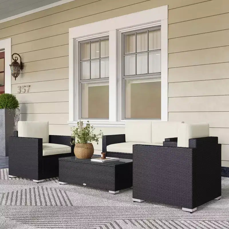 Ensemble de canapé en rotin de 4 pièces, salon de jardin en résine tressée avec causeuse, fauteuils et table basse avec plateau en verre pour l’extérieur