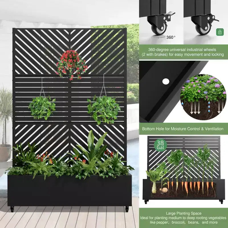 MAYEERTY truhlík s mříží, železo, černý, paralelní linie 01, lamelový klasický kombinovaný styl, 72x47x16in, sada 3 kusů