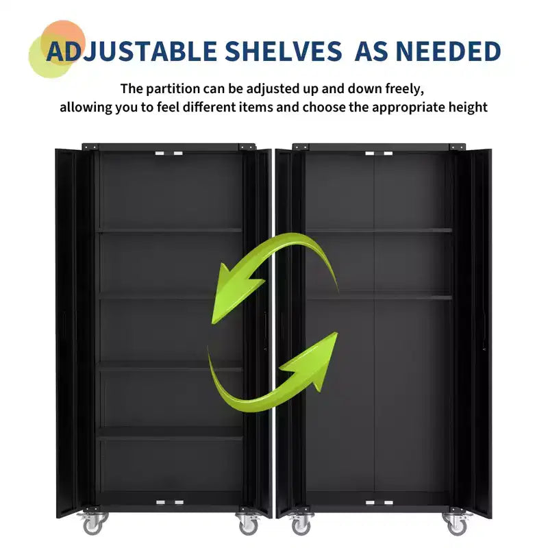 Armoire de rangement de garage à roulettes avec panneau perforé, armoire métallique verrouillable de 72 pouces de hauteur avec 2 portes et 4 étagères réglables pour atelier de garage