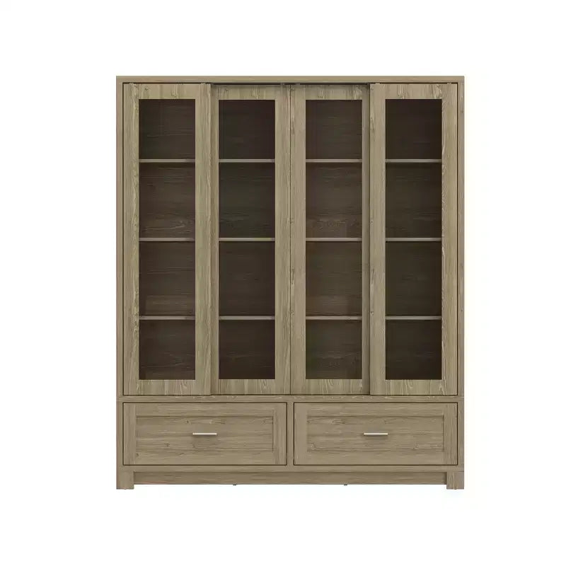 Vitrína Famapy s dekorem světlého dubu: šířka 160 cm, posuvné skleněné dveře + úložná zásuvka, prostorný organizér pro domácí knihovny a obývací pokoje