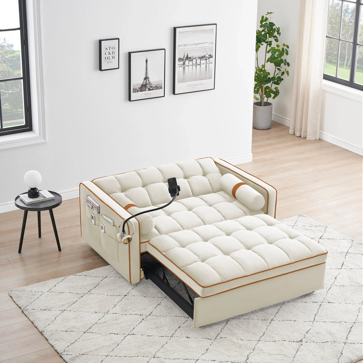 Sofá-Cama Convertível de Veludo para 2 Pessoas, com 55', Cama Extensível, Encosto Reclinável Ajustável, Bolsos Laterais e Suporte para Telemóvel