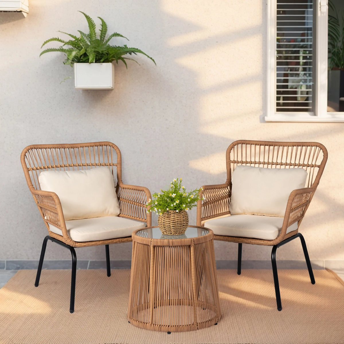 Ensemble bistro de conversation extérieur en osier de 3 pièces, mobilier de patio en rotin toutes saisons avec coussins