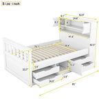 Letto a piattaforma Captain matrimoniale o singolo con 4 cassetti e ripiani contenitori, struttura in legno massello con testiera libreria contenitore
