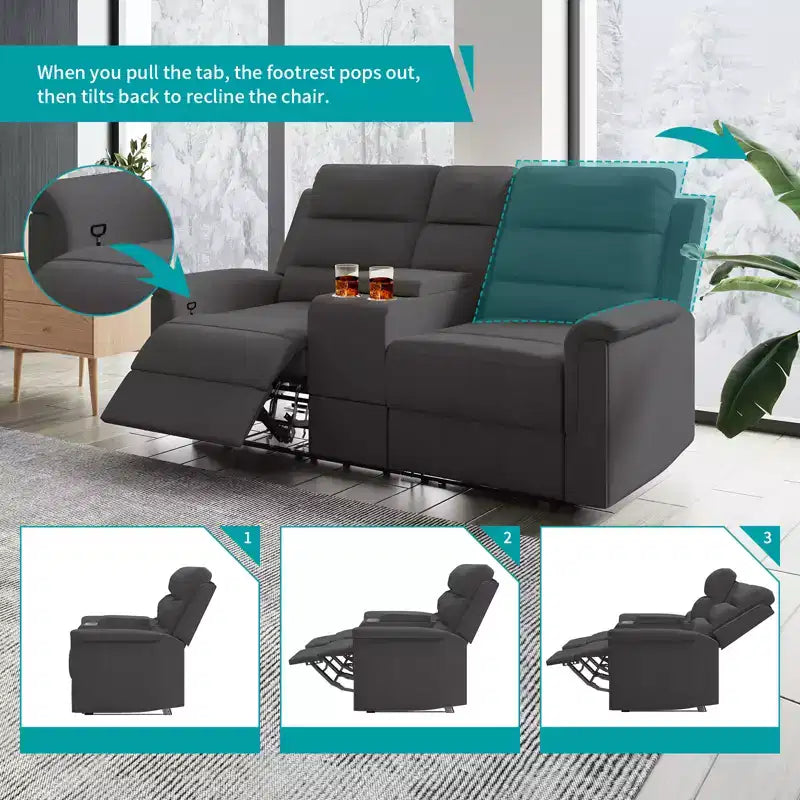 Beige-graues Relaxsofa aus Tech-Gewebe, 2-Sitzer, mit verstellbarer Rückenlehne und Fußstütze