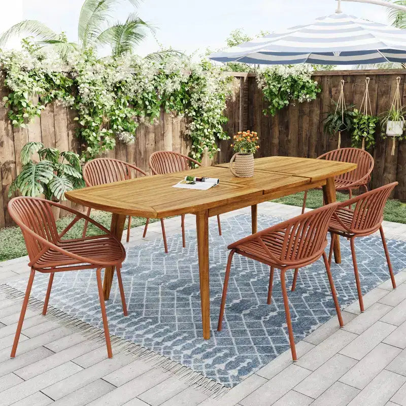 7-teiliges erweiterbares Outdoor-Patio-Essset mit stapelbaren Stühlen und Tisch aus Akazienholz