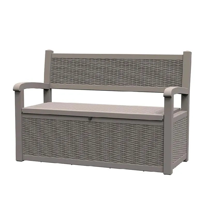 Odporna na warunki atmosferyczne ławka ze schowkiem z żywicy, zamykanym ukrytym schowkiem — design imitujący rattan, udźwig 500 funtów, pojemność 70 galonów