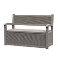 Odporna na warunki atmosferyczne ławka ze schowkiem z żywicy, zamykanym ukrytym schowkiem — design imitujący rattan, udźwig 500 funtów, pojemność 70 galonów