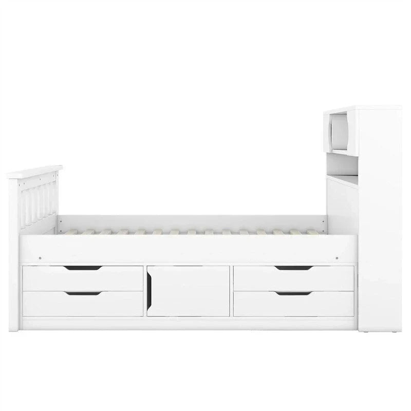 Letto a piattaforma Captain matrimoniale o singolo con 4 cassetti e ripiani contenitori, struttura in legno massello con testiera libreria contenitore
