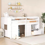 Letto rialzato basso singolo in legno massello da 94,6 L x 42,3 L, con scala, cassetto e ripiano, design moderno e pulito