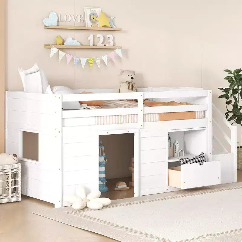Letto rialzato basso singolo in legno massello da 94,6 L x 42,3 L, con scala, cassetto e ripiano, design moderno e pulito