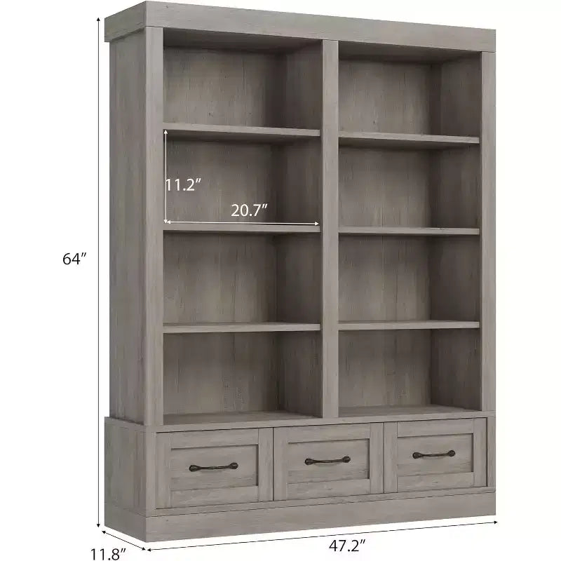 Bibliothèques et étagères de 64 po de hauteur, avec 3 tiroirs de rangement et 4 niveaux, double largeur, étagère ouverte pour bureau et salon