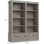Bibliothèques et étagères de 64 po de hauteur, avec 3 tiroirs de rangement et 4 niveaux, double largeur, étagère ouverte pour bureau et salon