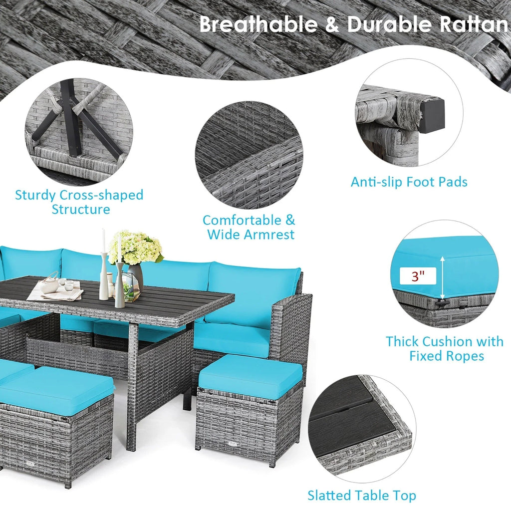Costway 7-teiliges Dining-Set aus Polyrattan für die Terrasse mit Ecksofa, Couch und Hocker – Details anzeigen