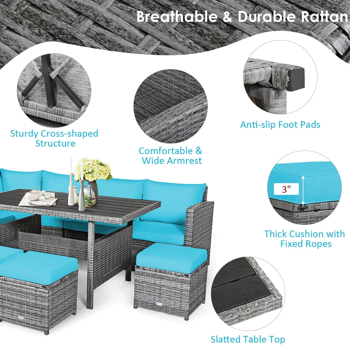 Costway 7-teiliges Dining-Set aus Polyrattan für die Terrasse mit Ecksofa, Couch und Hocker – Details anzeigen