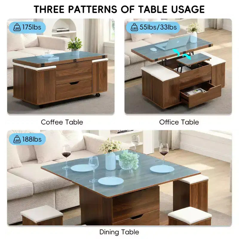 Mesa de centro moderna multifunções com tampo elevável, arrumação oculta, 4 bancos e rodízios, perfeita para espaços de estar modernos