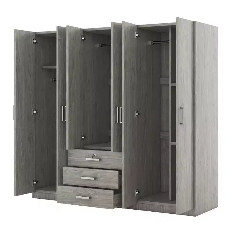 Roupeiro de madeira com 6 portas e gavetas para quarto