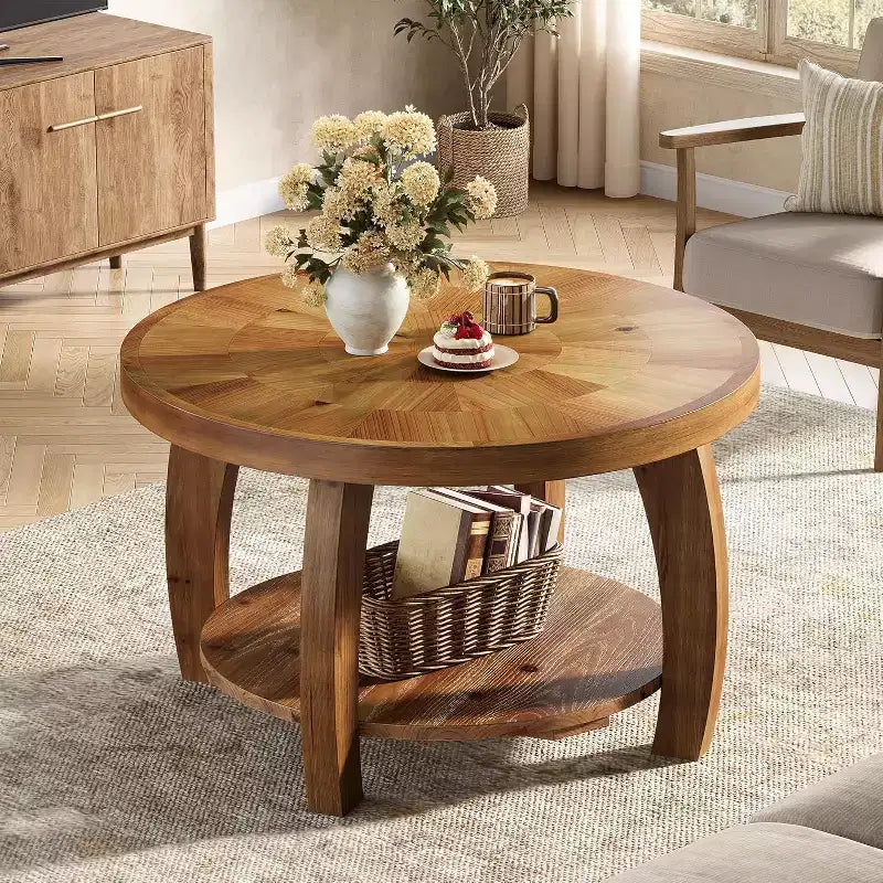 Lantine runder Couchtisch aus Massivholz, 2-stufiger Beistelltisch mit Stauraum, 31,5-Zoll-Tischplatte mit Mosaikmuster, einfache Montage, für das Wohnzimmer, Braun