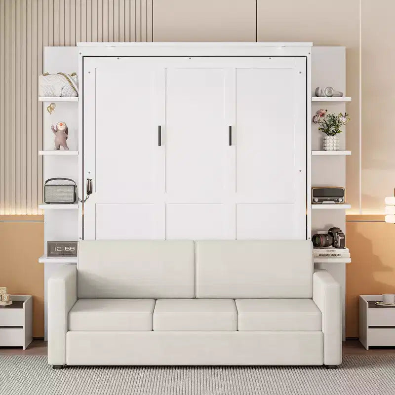Queen-Murphy-Bett zum Herunterklappen mit Sofa, Schrankbett in Queensize zum Falten mit Bücherregal und Einlegeböden für Gästezimmer oder Büro