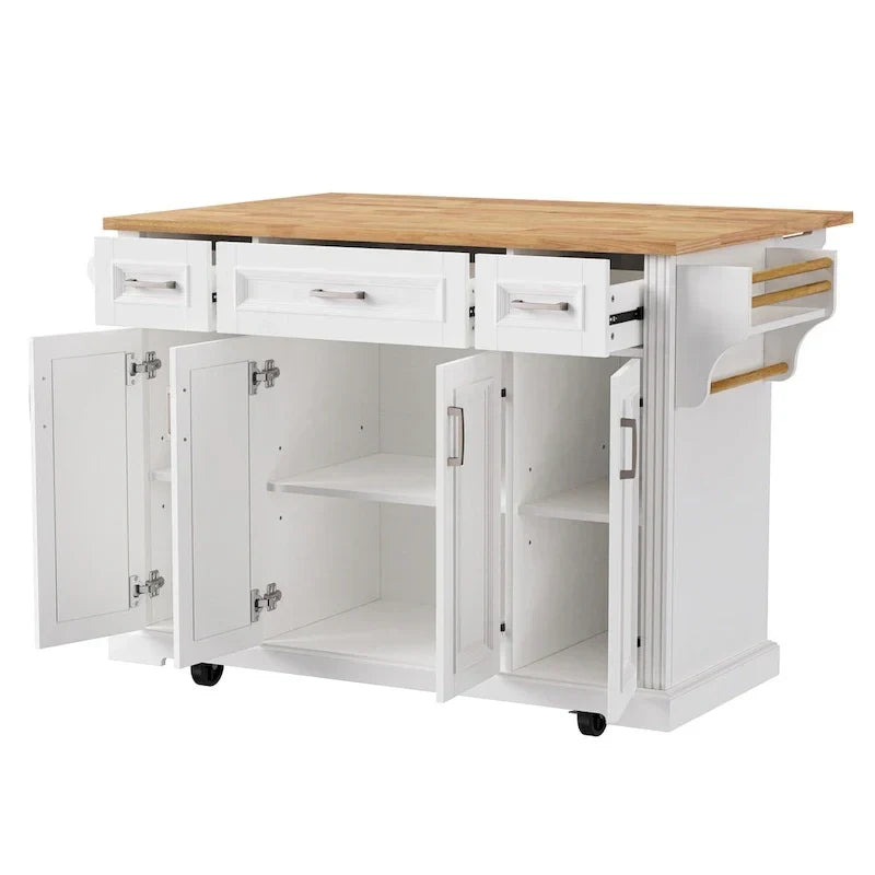 Große Kücheninsel mit klappbarer Holzplatte, rollbarer Küchenwagen mit geprägter Struktur, Türen und Schubladen mit Stauraum für die Küche, Weiß