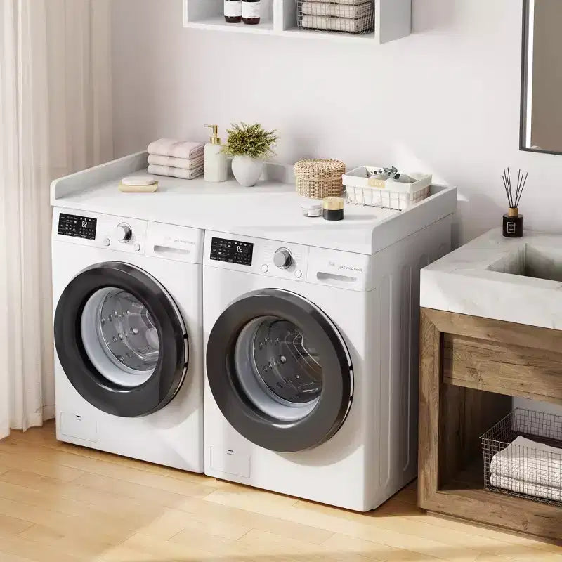 Plan de travail pour lave-linge et sèche-linge, plateau de buanderie avec rebord surélevé et tapis antidérapant pour panier à linge, rangement et organisation de la buanderie