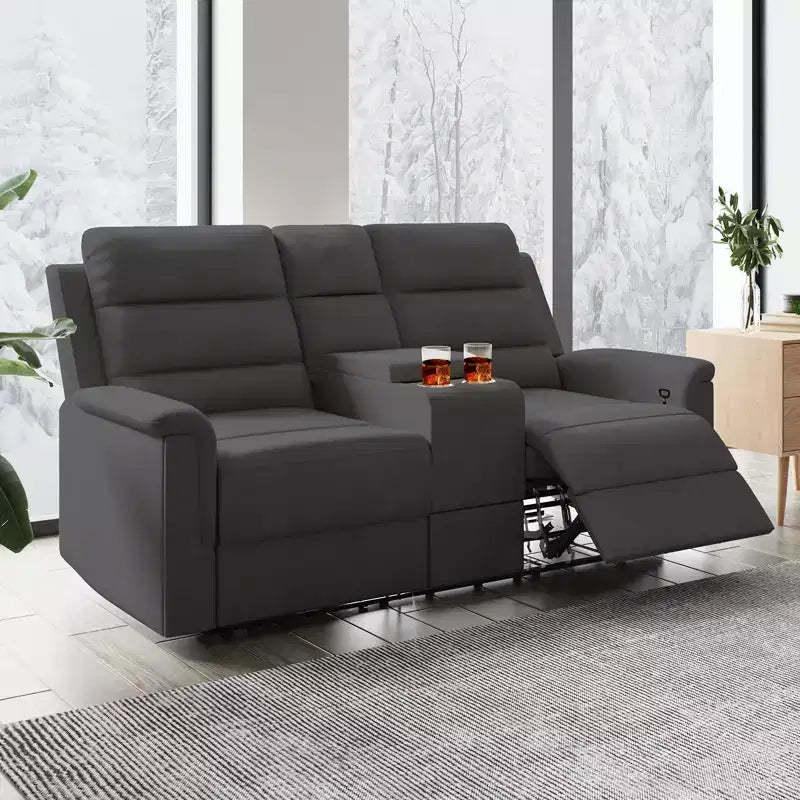 Beige-graues Relaxsofa aus Tech-Gewebe, 2-Sitzer, mit verstellbarer Rückenlehne und Fußstütze